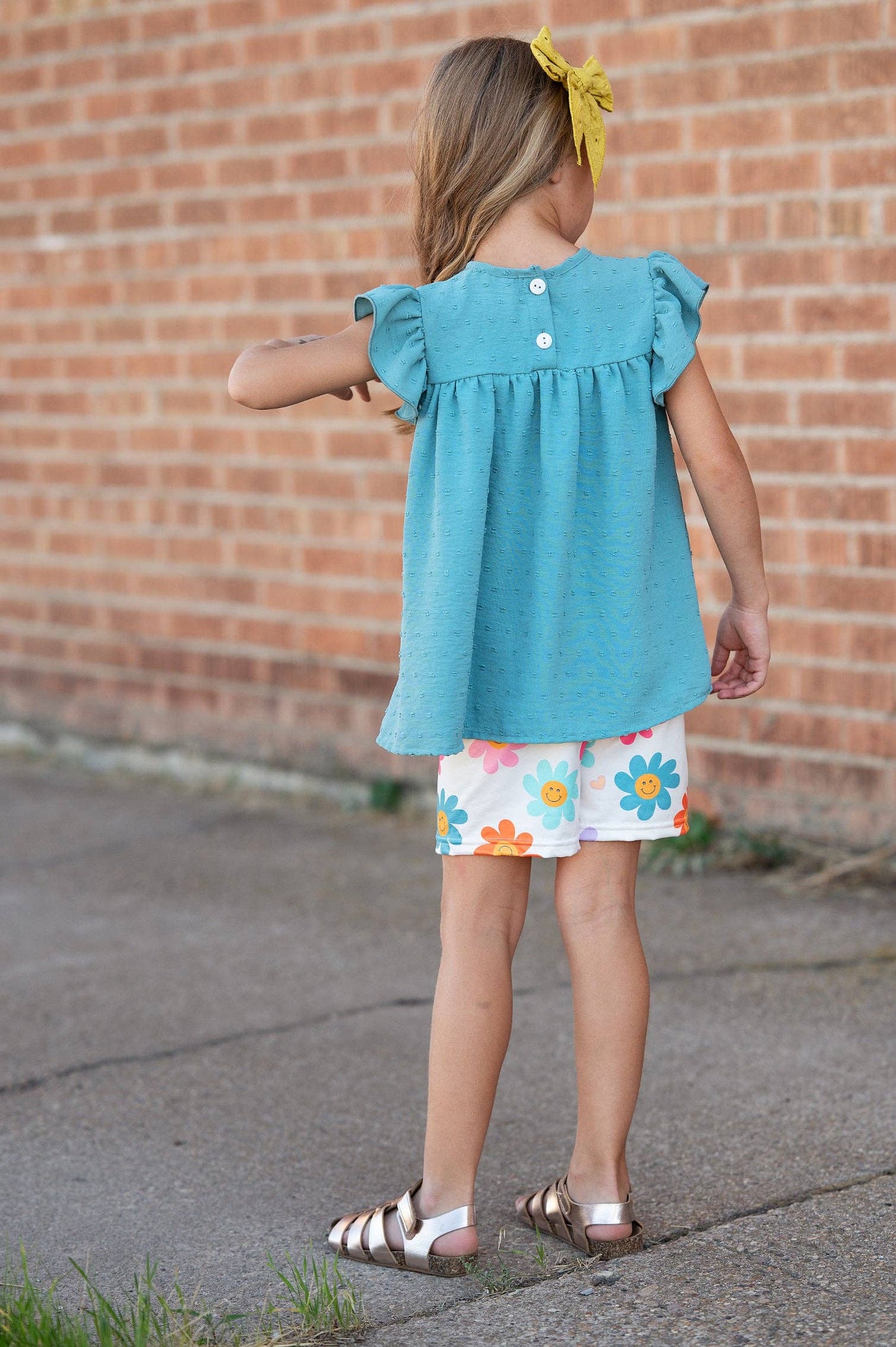 Girls Happy Flower Short Set with retro smiley face daisies, available in sizes 2T-10.