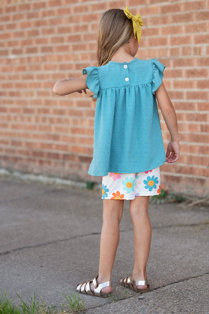 Girls Happy Flower Short Set with retro smiley face daisies, available in sizes 2T-10.