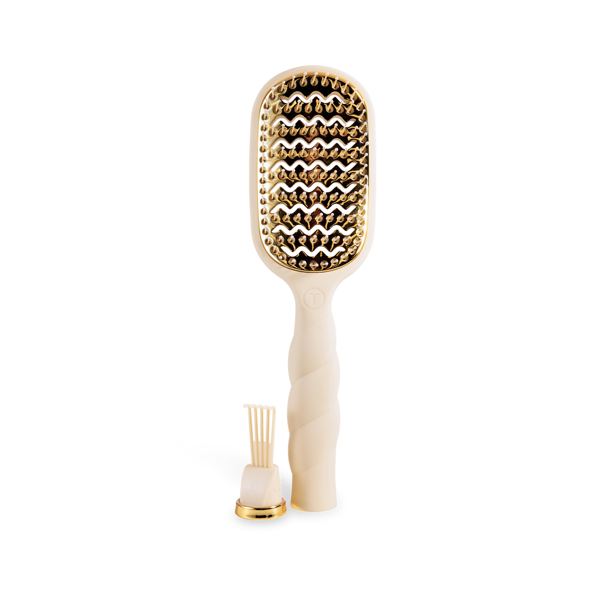 The Vented Hair Brush | Tan features a gold and cream color scheme with a wavy bristle design for optimal airflow during styling. Available in multiple sizes.