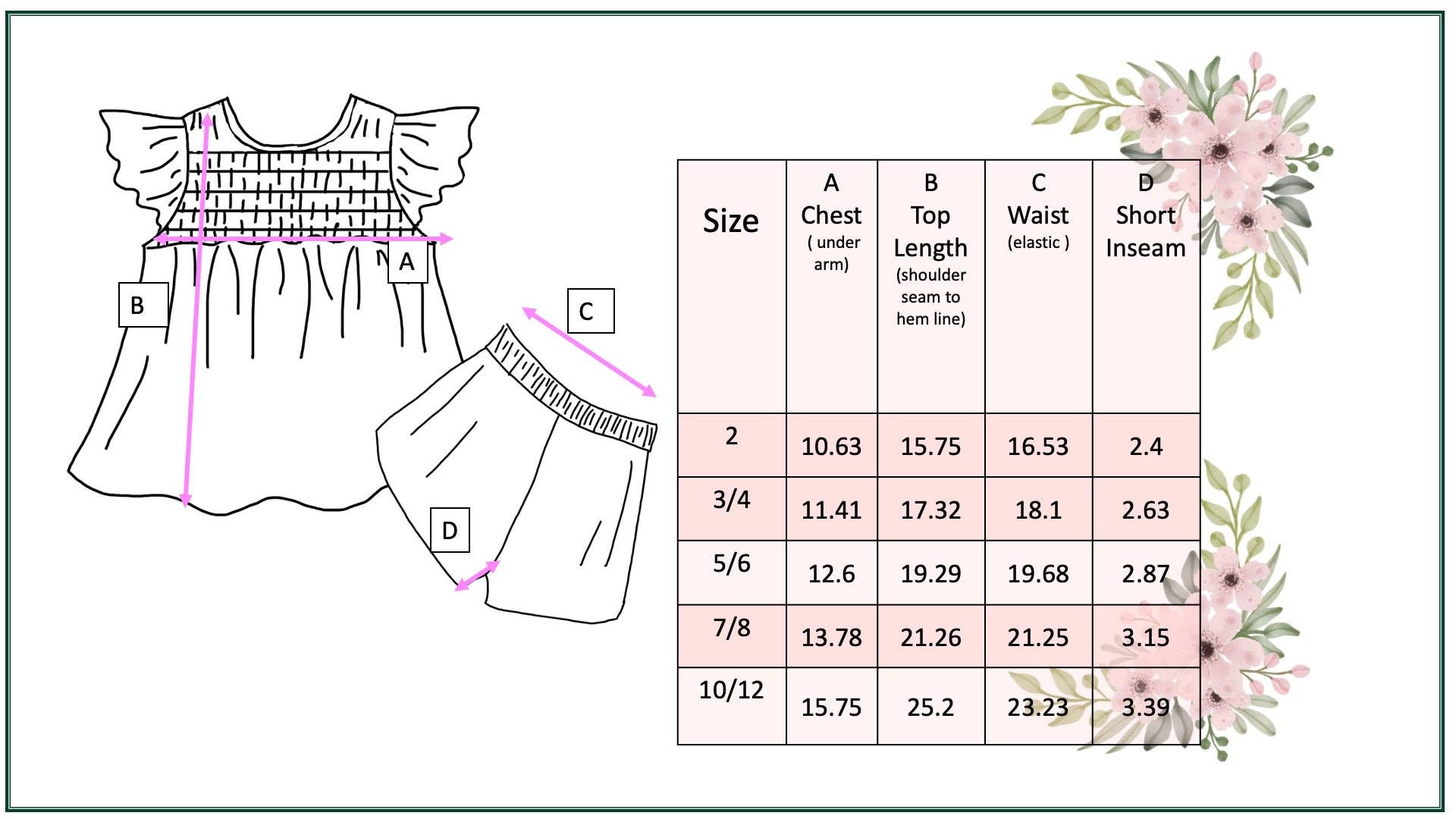 Girls Happy Flower Short Set with retro smiley daisy print. Sizes 2–10/12. Size chart shows chest, top, waist, inseam.