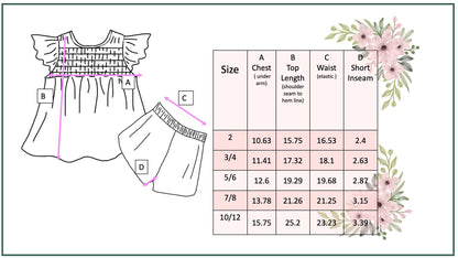 Girls Happy Flower Short Set with retro smiley daisy print. Sizes 2–10/12. Size chart shows chest, top, waist, inseam.