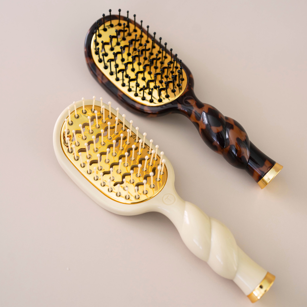 Mini Vented Brush in Tan with gold accents for short hair styling, available in mini size.