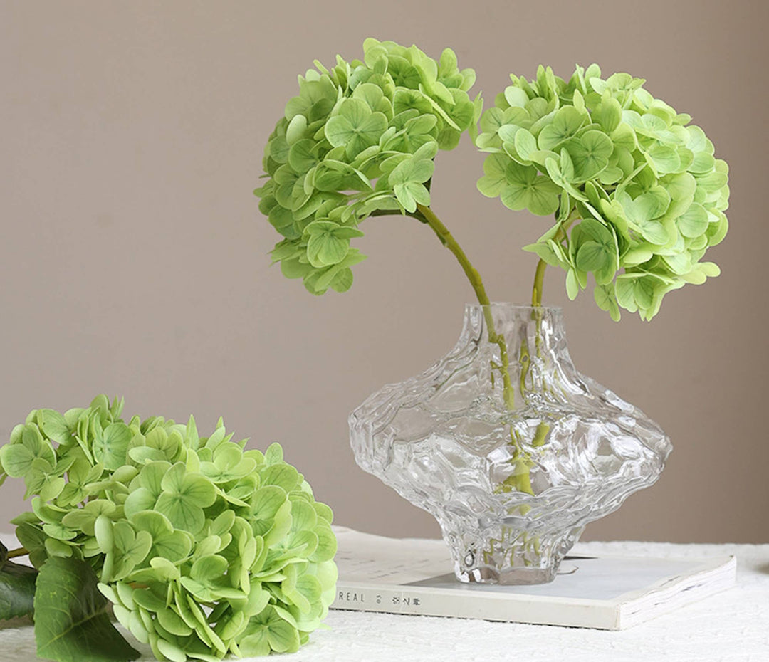 Clear textured vase with two 12.5" Real Touch hydrangea stems, each with soft pink 6" blooms. Sizes: 12.5", 6".