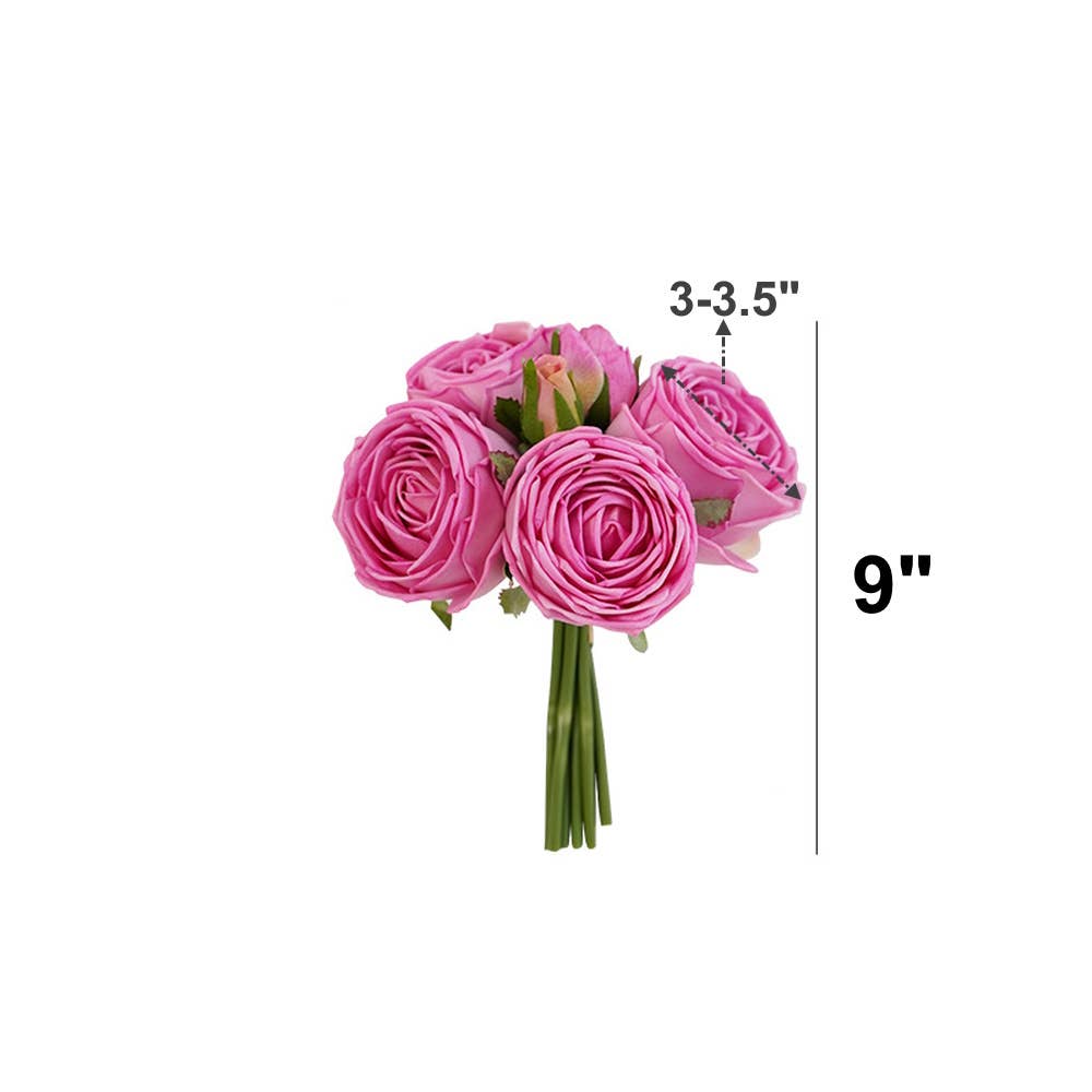 A bouquet of 6 pink Real Touch roses with green stems, 9 inches tall, blossom diameter 3-3.5 inches. Perfect for a table centerpiece.