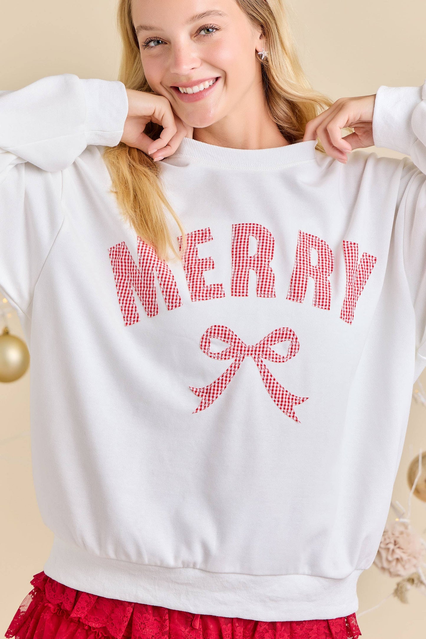Merry Patchwork Sweatshirt with Ribbon Bow Detail