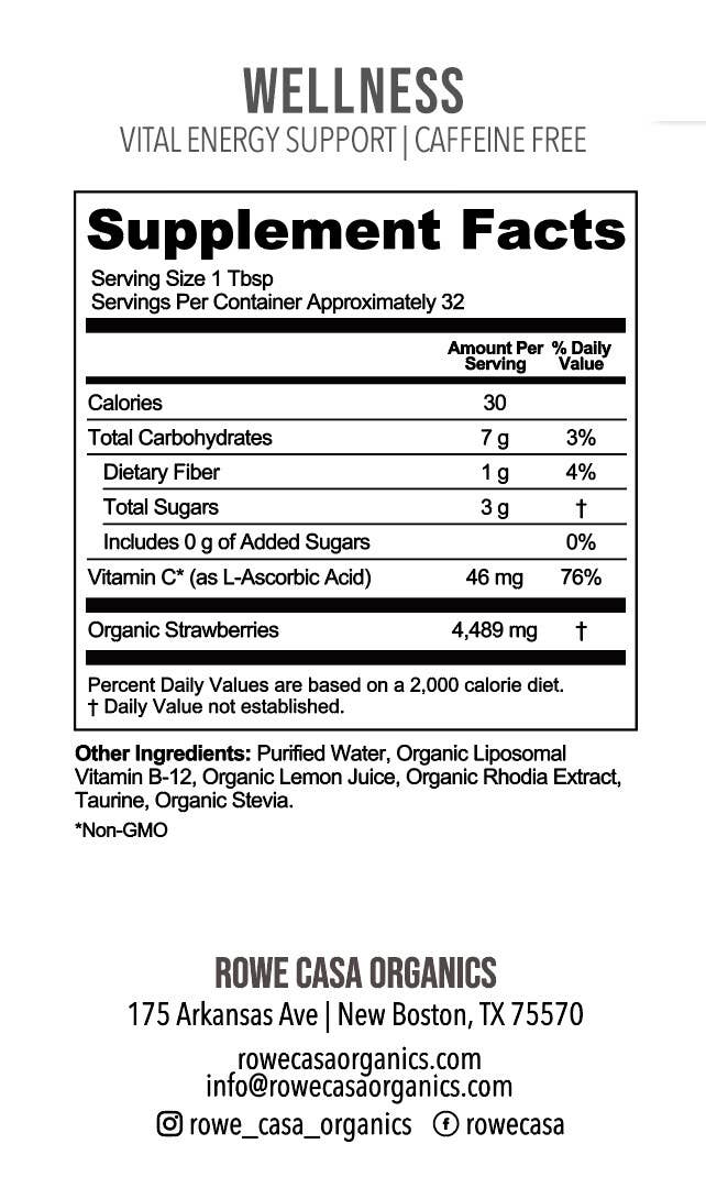 Supplement Facts label for “VITALITY | Energy Support | 16 oz: Decaffeinated” shows nutrition per tablespoon including calories, carbs, and vitamin C. Lists natural energy blend ingredients and Rowe Casa Organics company details. Size available: 16 oz.
