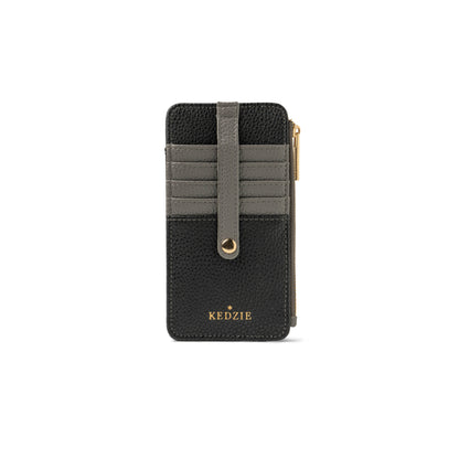Black and gray vegan leather Kedzie Essentials Only Zippered Wallet, “Greek to Me” style, with gold zipper and button, multiple card slots, zippered cash pocket, cheetah print lining, KEDZIE logo at bottom. Sizes available.