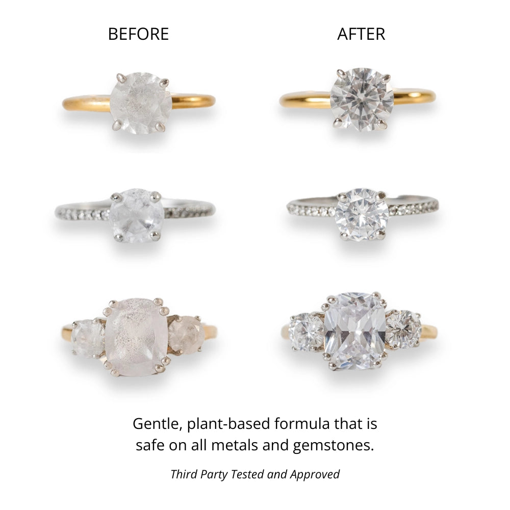 Three rings shown before and after cleaning with Jewelry Wash®—removes dullness, safe for all metals/gemstones. Sizes: S/M/L.