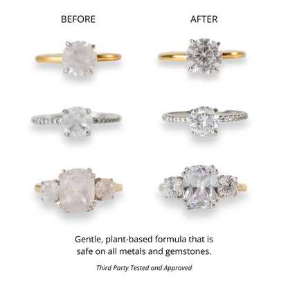 Three rings shown before and after cleaning with Jewelry Wash®—removes dullness, safe for all metals/gemstones. Sizes: S/M/L.