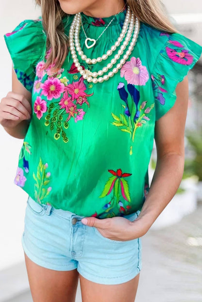 Floral Print Frilly Neck Blouse with frill detail at neck; available in sizes XS-XL.