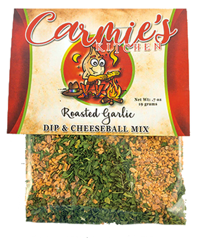 Roasted Garlic Dip Mix packet with cartoon garlic playing guitar. Clear section shows herbs. Available in 28g and 56g sizes.