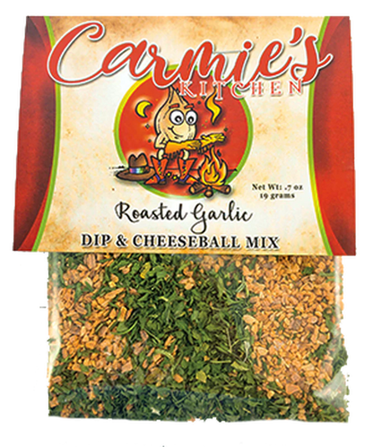 Roasted Garlic Dip Mix packet with cartoon garlic playing guitar. Clear section shows herbs. Available in 28g and 56g sizes.