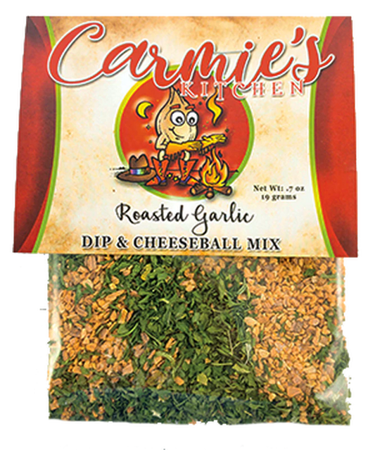Roasted Garlic Dip Mix packet with cartoon garlic playing guitar. Clear section shows herbs. Available in 28g and 56g sizes.