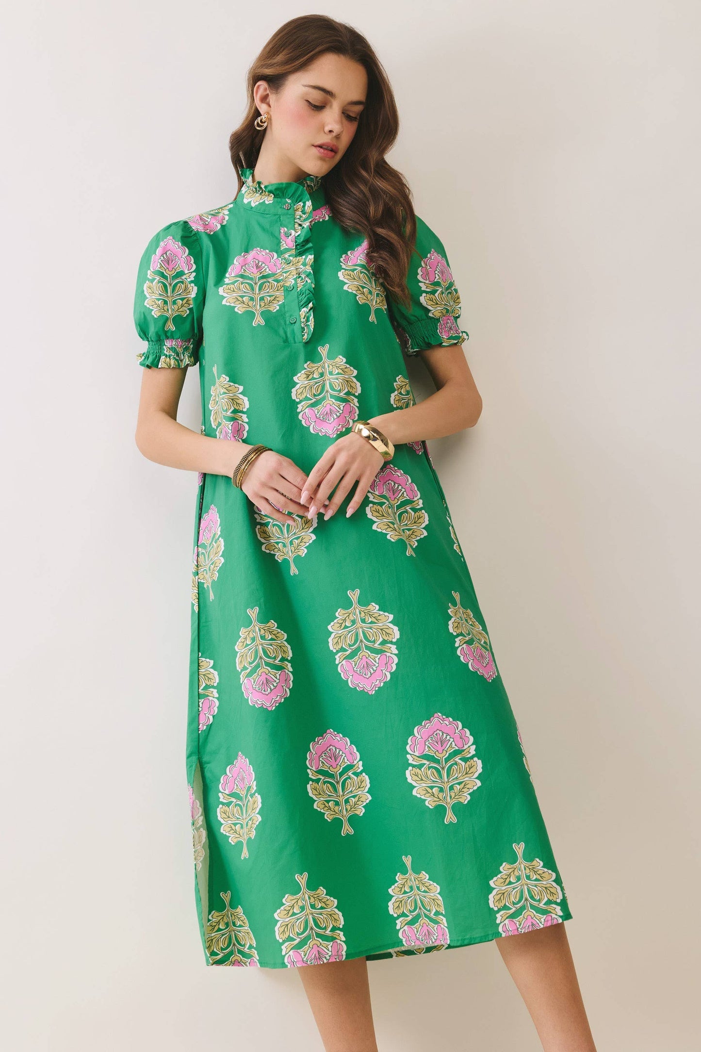 Green Floral Print Ruffle Collar Midi Dress