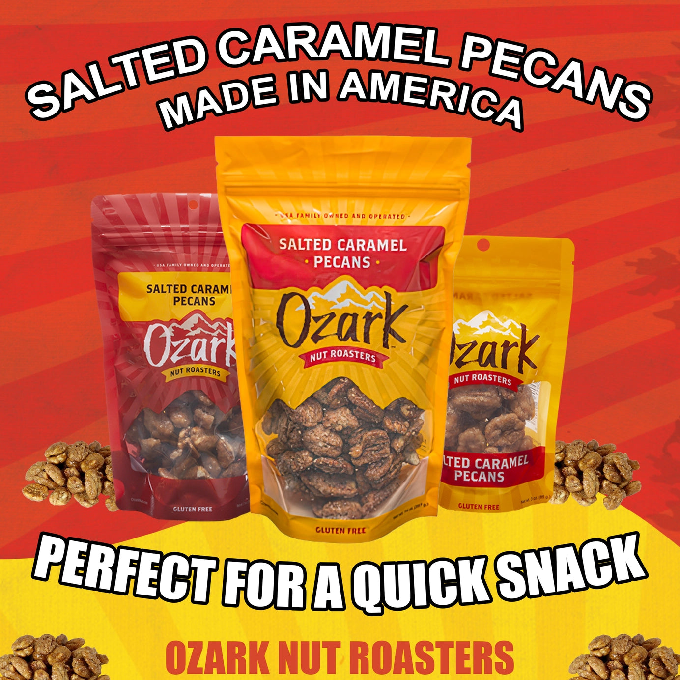 Three 3oz bags of Salted Caramel Pecans, labeled with "Made in America" and "Perfect for a quick snack." Scattered pecans visible.
