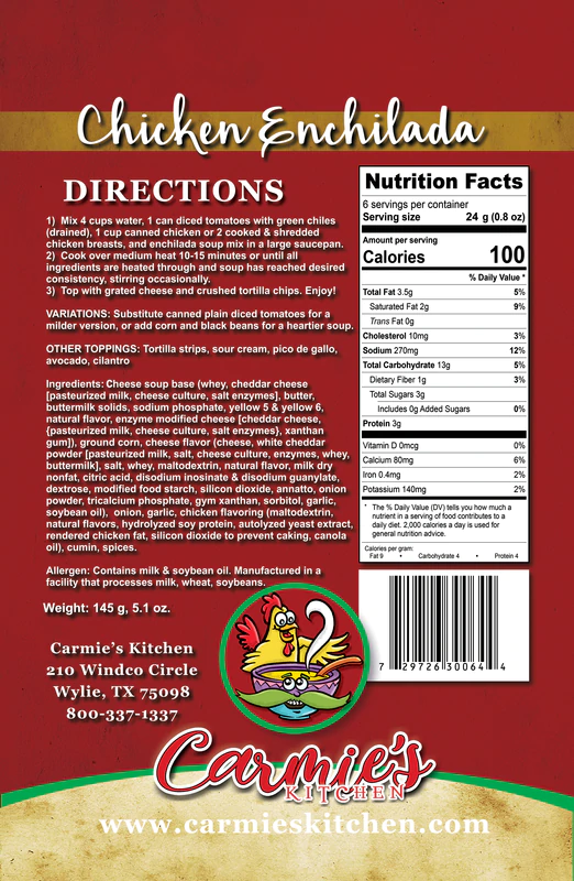 Chicken Enchilada Soup Mix—cheesy flavor. Includes directions and nutrition info. Available sizes listed. Carmie’s Kitchen contact info.