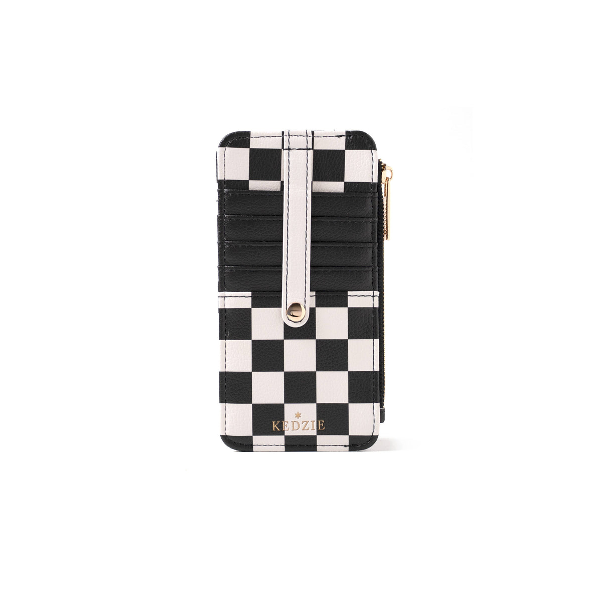 Black and white checkered vegan leather wallet with card slots, snap closure, zippered pocket, and “Kedzie” in gold at the bottom. Available sizes: one size.