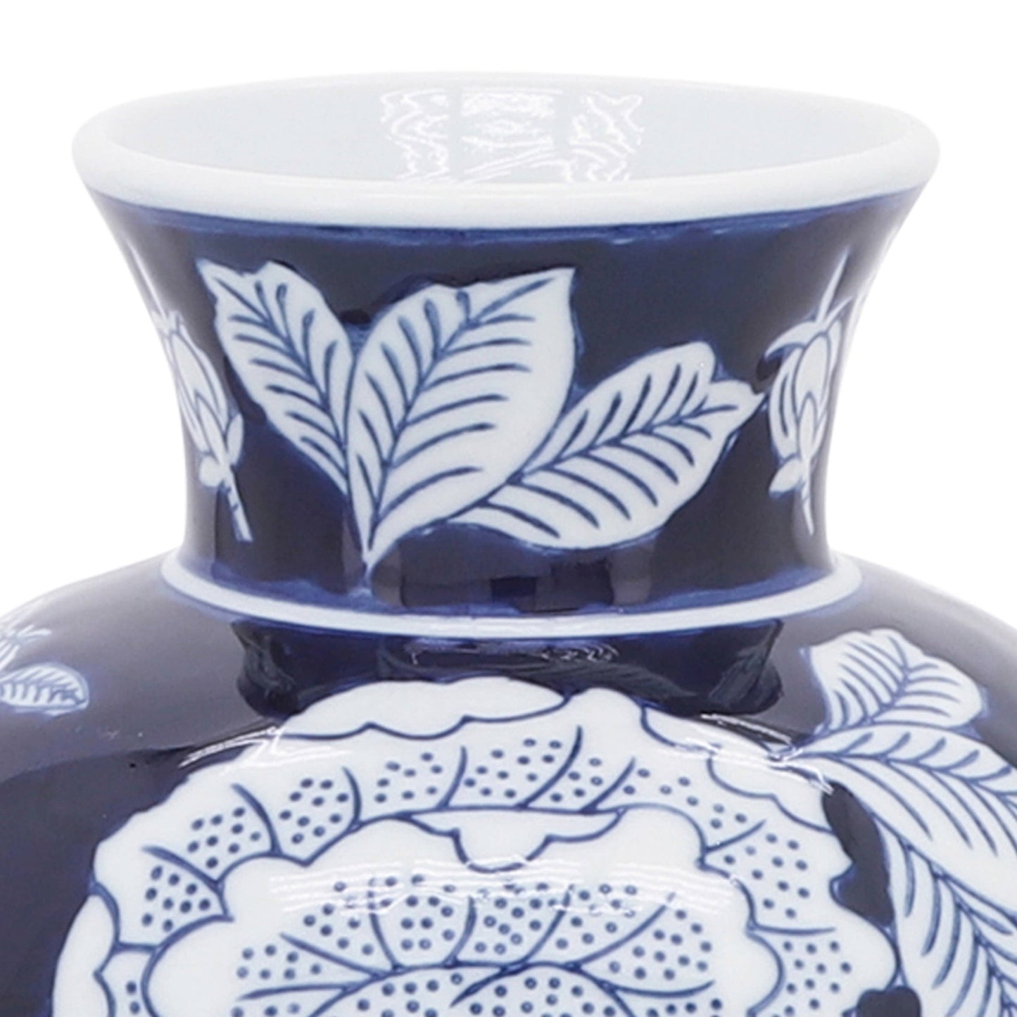 Blue Ceramic Floral Chinoiserie Decorative Vase, 9 in., features blue and white floral design, flared rim, intricate details.