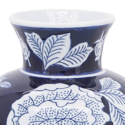 Blue Ceramic Floral Chinoiserie Decorative Vase, 9 in., features blue and white floral design, flared rim, intricate details.