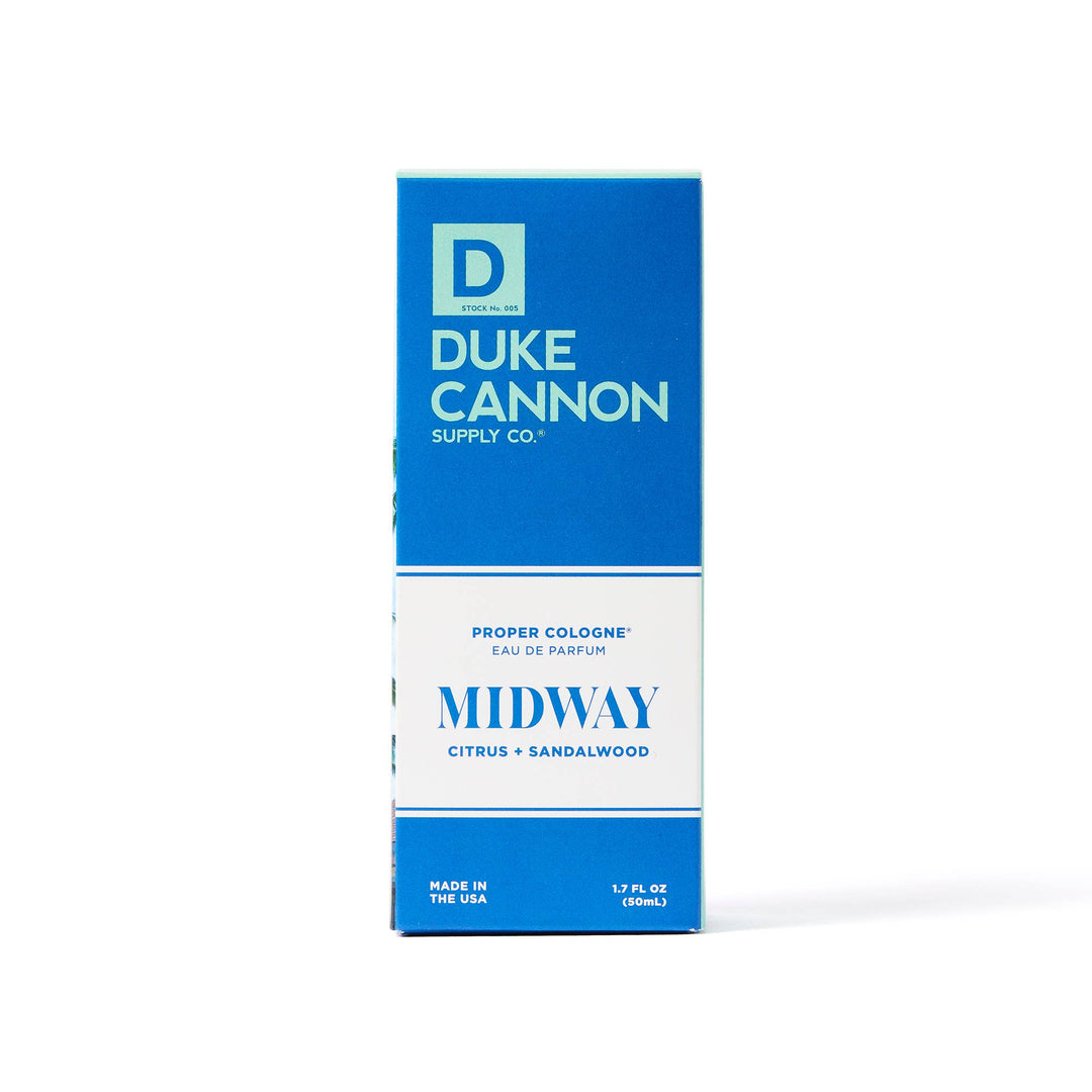 Duke Cannon Proper Cologne Midway, blue and white box, Citrus + Sandalwood scent. Sizes: 1.7 fl oz (50ml).