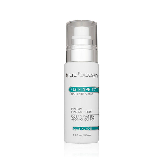 True Ocean Face Spritz, 2.7 oz, white spray bottle with mineral-rich mist and Coastal Rose scent.