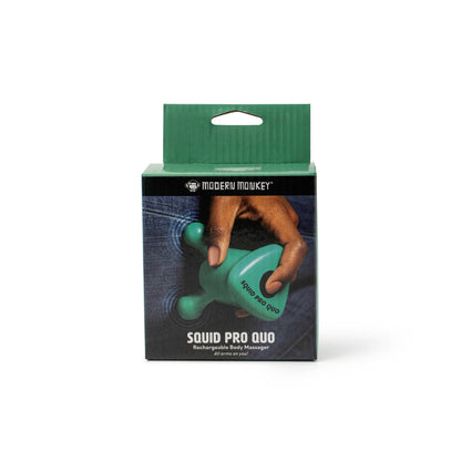 Green box labeled "Modern Monkey Squid Pro Quo Rechargeable Body Massager," available in S, M, L.