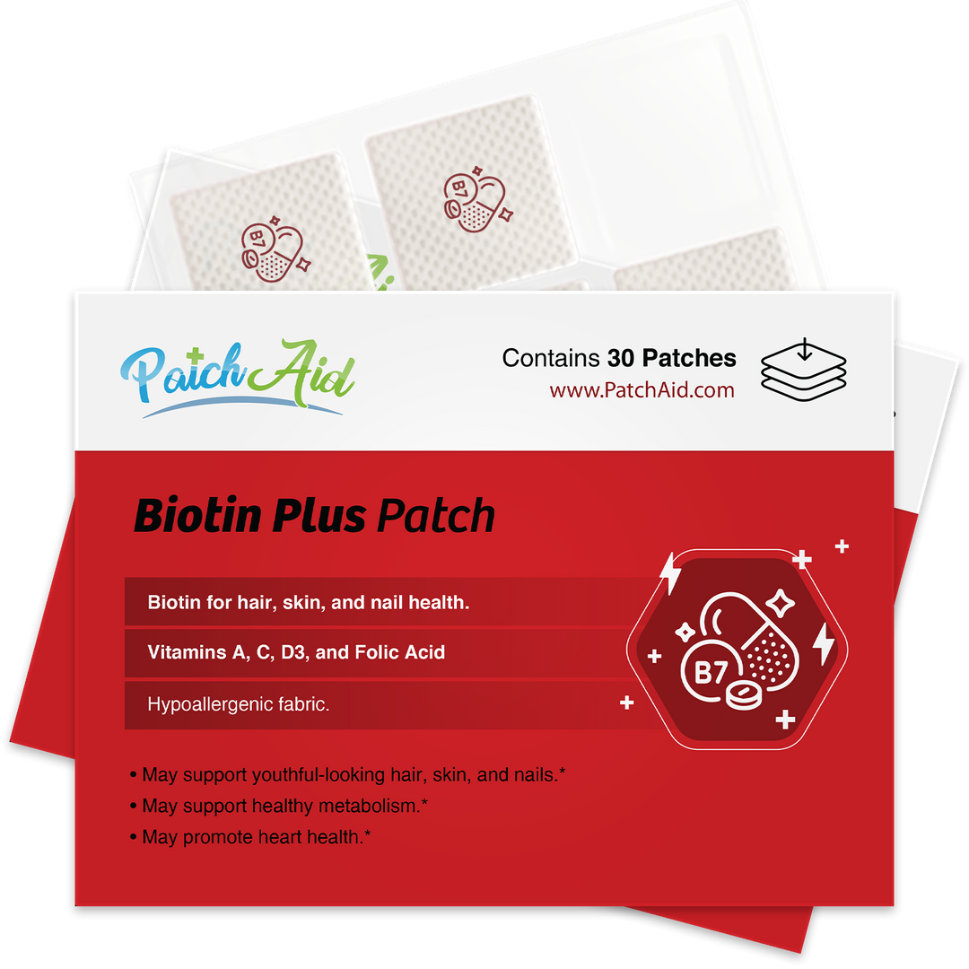 Red and white box of “Biotin Plus Vitamin Patch - Hair, Skin, and Nails Support: 1-Pack” by PatchAid with icons and text, containing 30 vitamin patches. Size: 1-Pack.