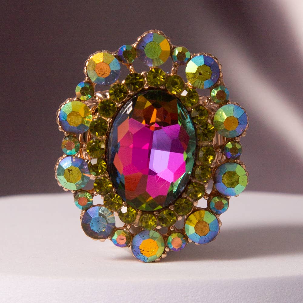 Oval Crystal Sunburst Double Halo Stretch Ring with multicolor center, iridescent and green halo, gold band. One size fits most.