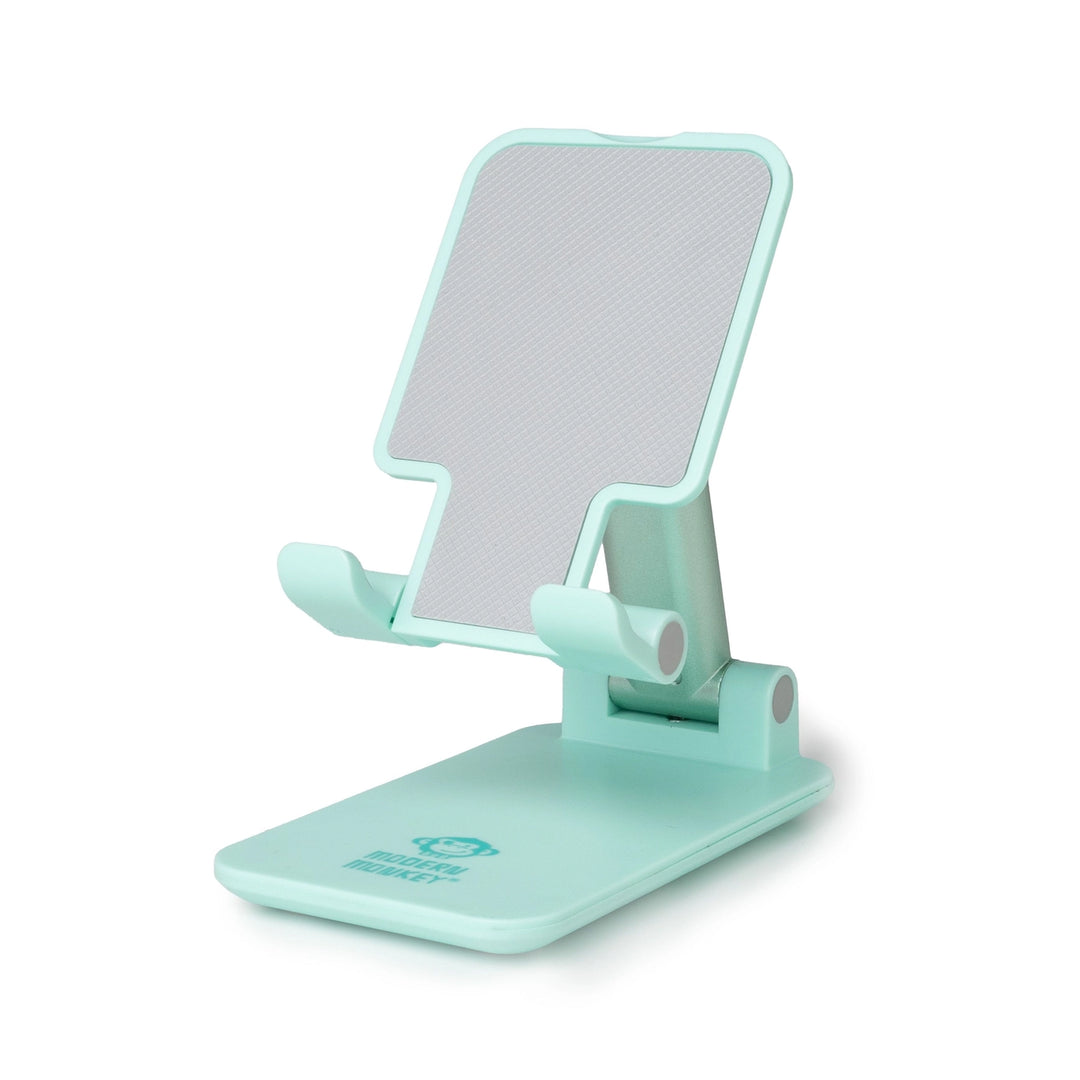 Light blue, foldable stand with rectangular holder, angle support, stable base, non-slip grey pad; available in small and large sizes.