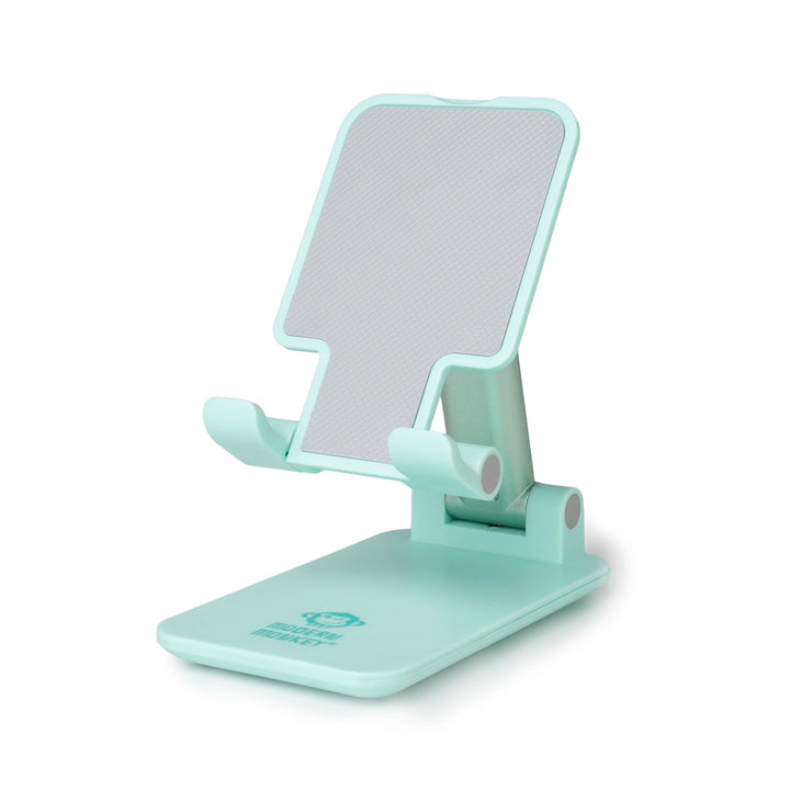 Light blue, foldable stand with rectangular holder, angle support, stable base, non-slip grey pad; available in small and large sizes.