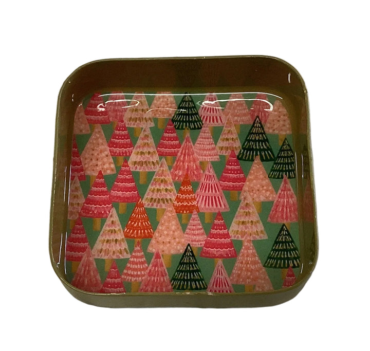Square Jingle Pop Dice Tray with pink, red, and green stylized Christmas tree pattern.