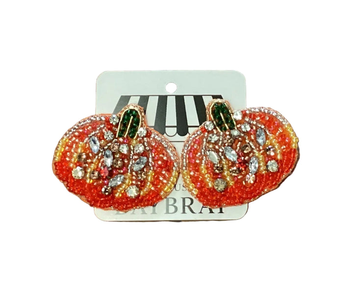 Pumpkin beaded earrings with orange beads, clear crystals, and green stems. Available in one size.