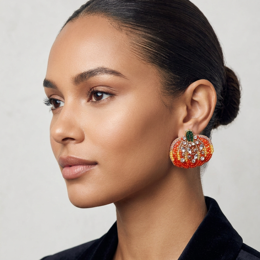 Pumpkin beaded earrings in orange, yellow, and red with a green stem and clear crystal accents.