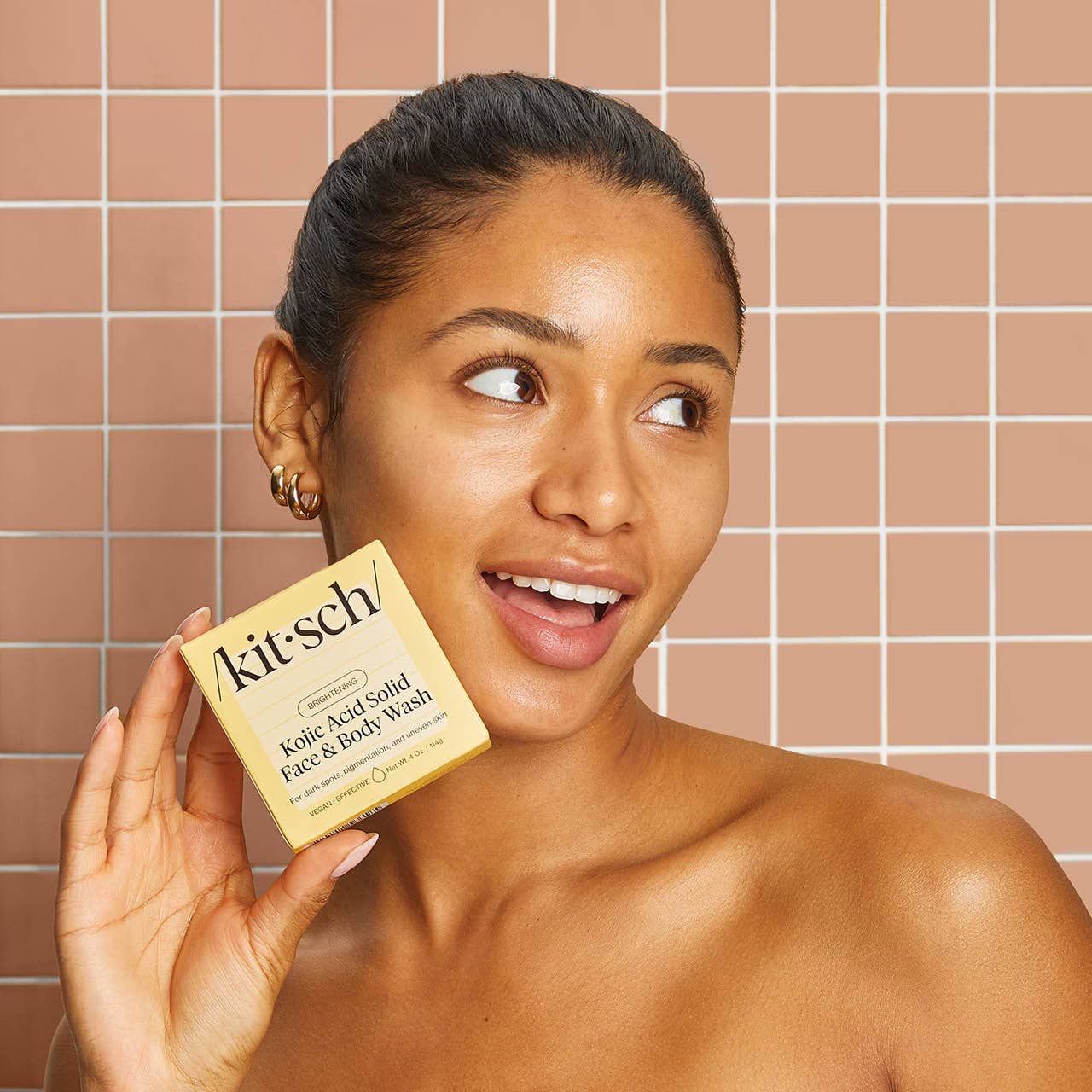 Yellow box labeled "Kojic Acid Face and Body Bar" for hyperpigmentation; available in 100g and 135g sizes.