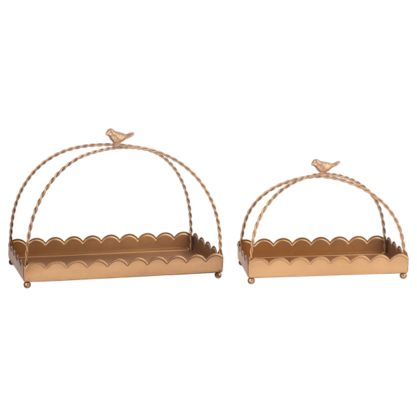 Set of two antique gold trays, rectangular, different sizes, arched bird handles, scalloped edges.