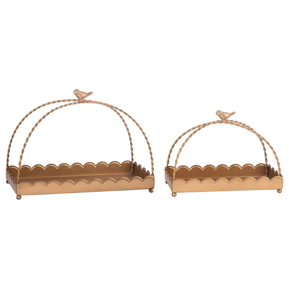 Set of two antique gold trays, rectangular, different sizes, arched bird handles, scalloped edges.
