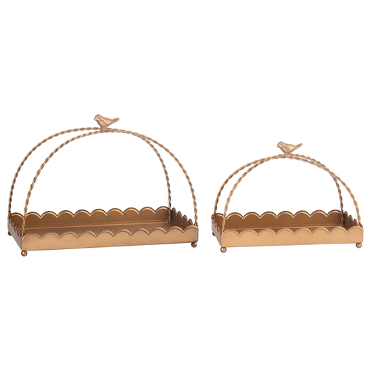 Set of two antique gold trays, rectangular, different sizes, arched bird handles, scalloped edges.