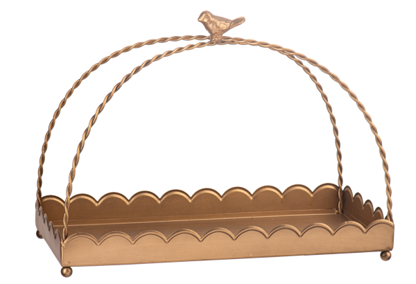 Antique gold scallop tray with bird-topped arched handles, scalloped edges; available in small and large sizes.