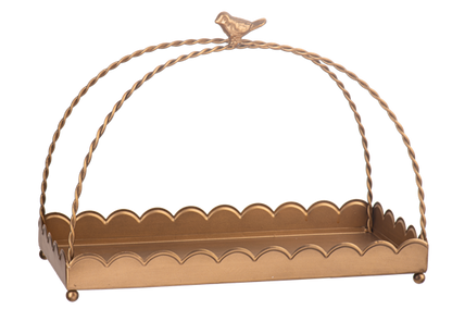 Antique gold scallop tray with bird-topped arched handles, scalloped edges; available in small and large sizes.