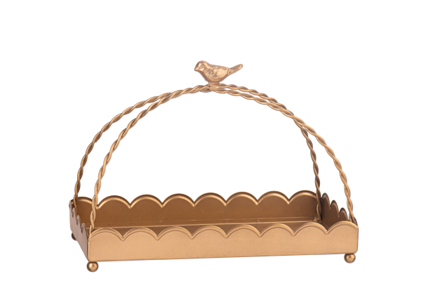 Antique gold scallop tray with twisted handles and bird centerpiece; available in small (12") and large (18") sizes.