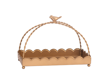Antique gold scallop tray with twisted handles and bird centerpiece; available in small (12") and large (18") sizes.