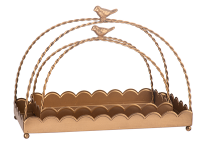 Antique Gold Scallop Tray with bird handle, scalloped edges, twisted handles. Available in small and large sizes.