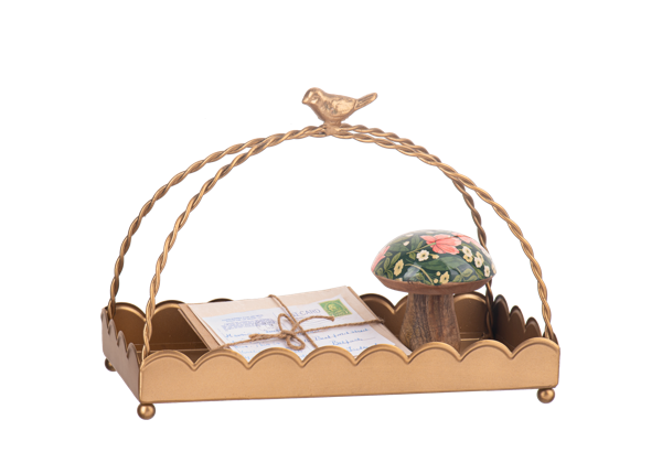 Antique Gold Scallop Tray with Bird Handle; twisted arch, decorative bird. Available in small and large sizes.