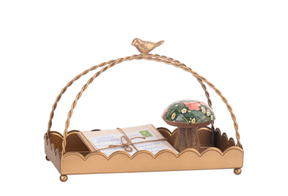 Antique Gold Scallop Tray with Bird Handle; twisted arch, decorative bird. Available in small and large sizes.