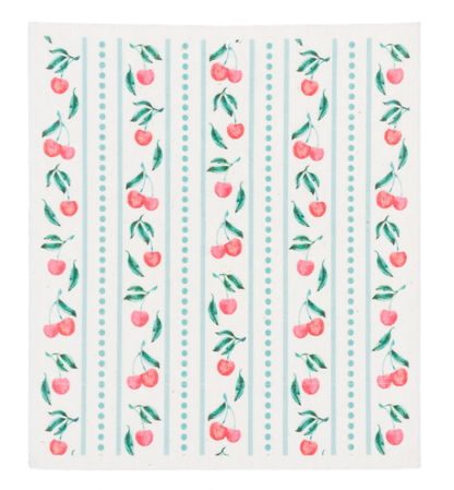 Cherry Reusable Dish Cloth with red cherries, green leaves, teal dotted stripes; eco-friendly. Sizes: small, medium, large.