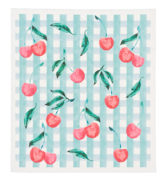 Eco-friendly white dish cloth with blue checkered pattern, red cherries, and green leaves. Available in multiple sizes.