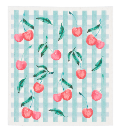 Eco-friendly white dish cloth with blue checkered pattern, red cherries, and green leaves. Available in multiple sizes.