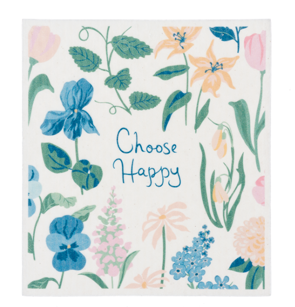 Card with colorful flowers, green leaves, and "Choose Happy" in blue script at center. Available sizes: 4x6", 5x7".