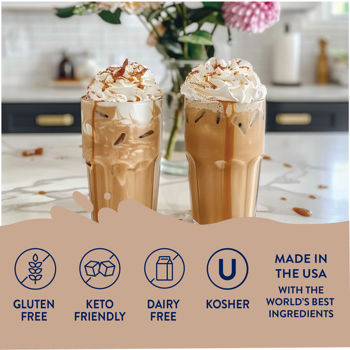 Sugar Free Caramel Syrup: zero calorie, keto-friendly, dairy free, gluten free. Sizes available: 12oz, 25oz. Made in the USA.