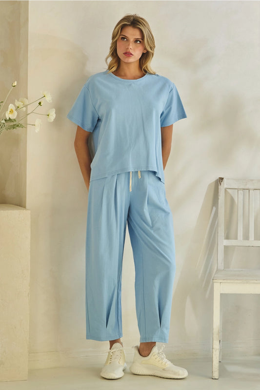 Effortless Blue Lounge Set: relaxed short-sleeve tee, drawstring pants. Available in sizes XS–XL.